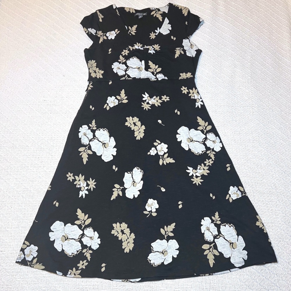 Toad&Co Womens Black Floral Slub Knit V-Neck Empire Waist Dress Size M